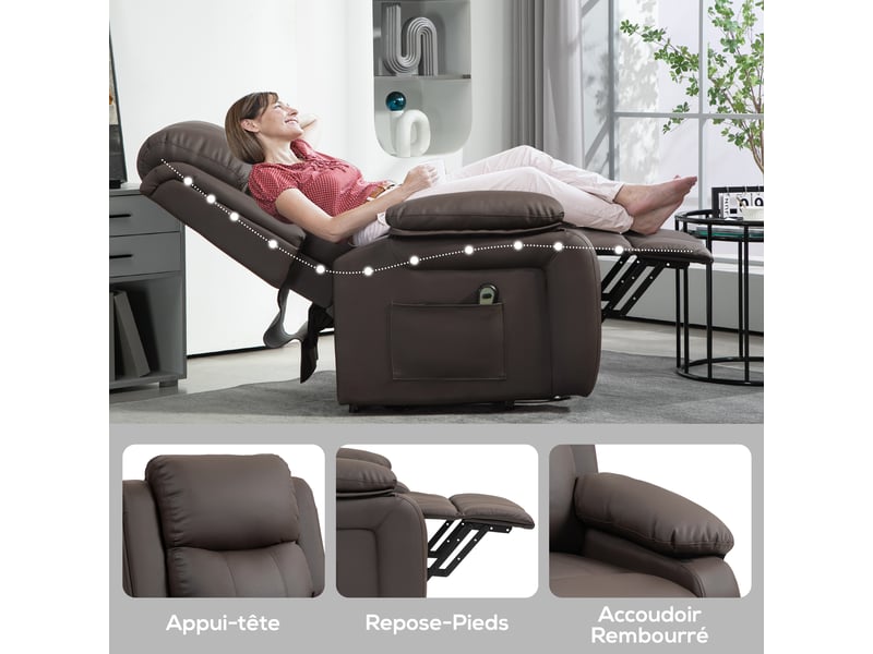  Fauteuil releveur électrique fauteuil relax électrique avec repose-pied télécommande et 2 pochettes marron 76x90x105cm  - Conforama R
