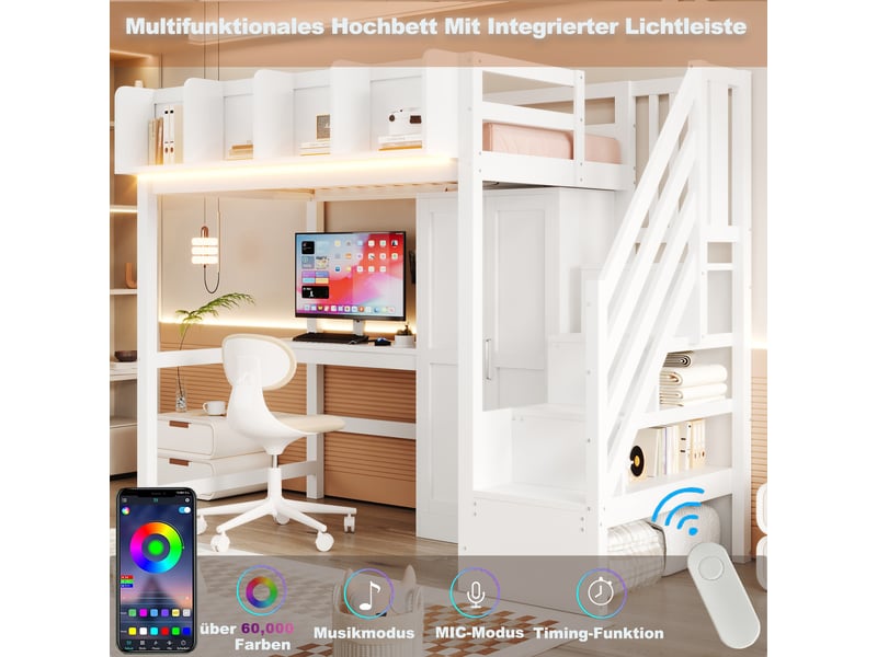 Lit mezzanine 90x200 cm avec bureau et armoire - lit enfant avec rangement, led et sommier à lattes - bois blanc - Conforama R