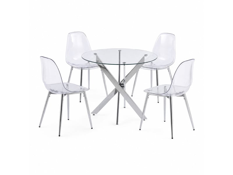  Ensemble table et chaises 5 pièces chromé, 1 table ronde et 4 chaises en velours à pieds dorés élégants  - Conforama A