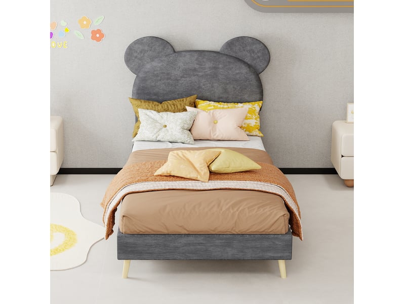  Modenvie lit coffre enfant 90x200 cm - tête de lit rembourrée forme cartoon, sans matelas - gris  - Conforama D