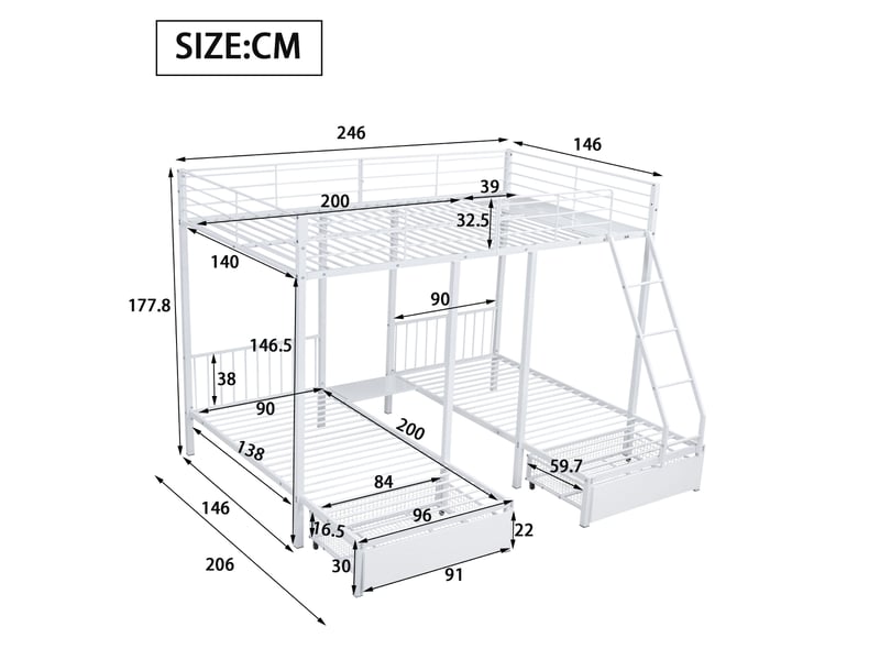  Lit superposé 3 places - convertible - métal blanc - 2x 90x200 et 1x 140x200 - avec tiroirs  - Conforama W