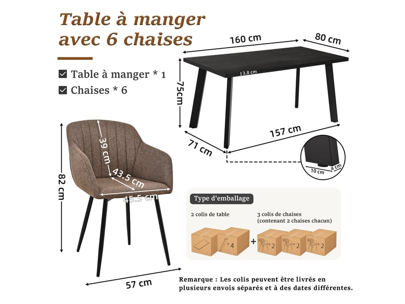 Ensemble table et 6 chaises - table rectangulaire 160x80 cm monobloc en chêne noir et pieds métal, 6 chaises en tissu marron moka et pieds métal  - Conforama C