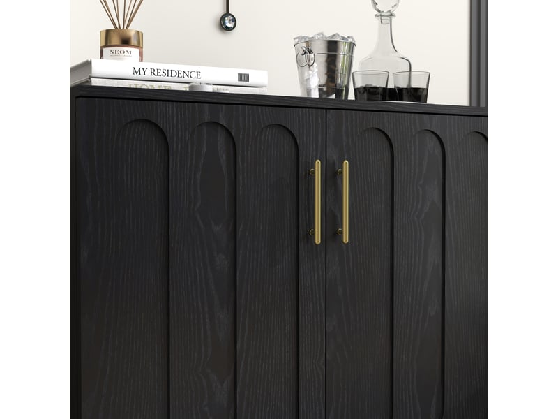  Buffet bas 80x40 cm avec portes rainurées, étagères réglables et pieds en bois massif, mdf, style mid-century, noir  - Conforama E