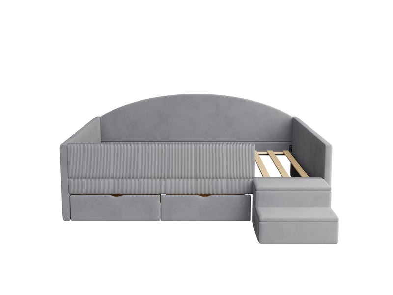 Lit enfant 90x190 cm gris clair en velours avec 2 tiroirs, marches antidérapantes et barrière - Conforama E
