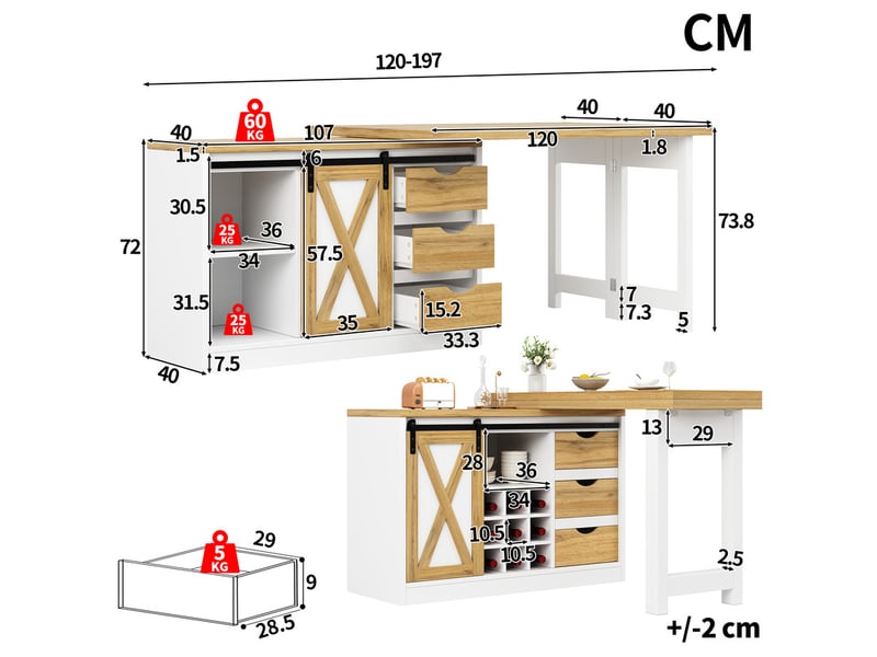 Îlot de cuisine multifonction avec table extensible, portes style grange, tiroirs et porte-bouteilles amovible, 120-197 cm - Conforama C