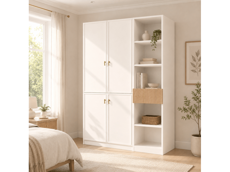  Armoire 135x50x200 cm avec 2 tringles et 8 espaces de rangement blanc et bois  - Conforama E