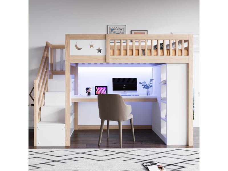  Lit mezzanine en bois 90 x 200 cm – avec barrières de sécurité – avec éclairage led – avec prise électrique – blanc + naturel(matelas non inclus)  - Conforama E