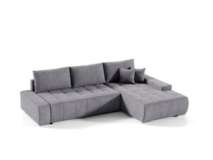 Canapé d'angle droit convertible   4 places Velours gris avec coffre de rangement