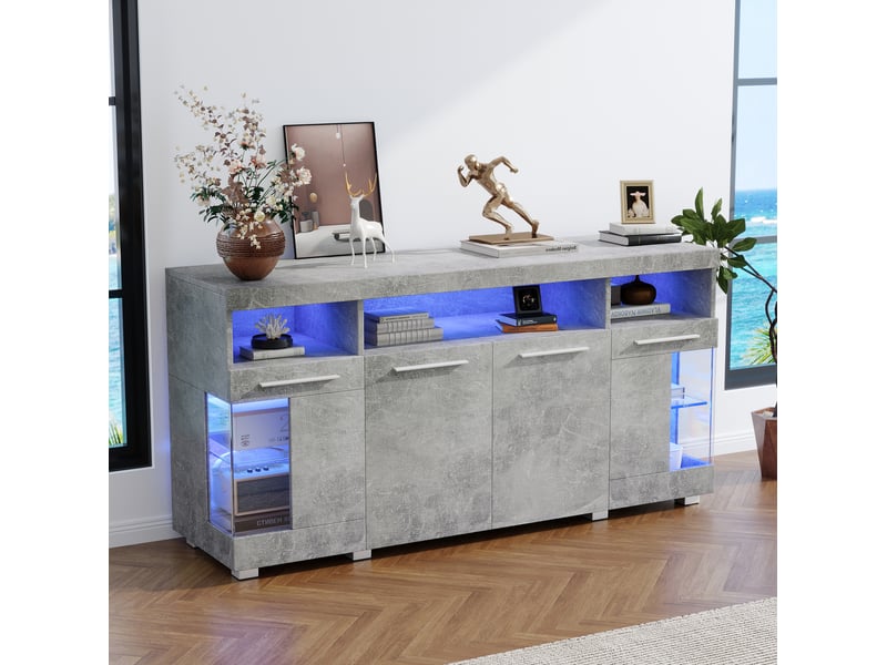  Buffet bas salon rangement led 3 compartiments 6 niveaux 140x40x70 cm façade brillante mdf+verre trempé ciment gris  - Conforama E