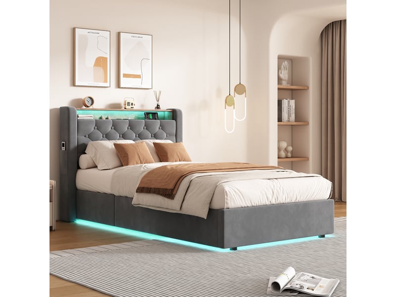  Lit simple 90×190 gris avec led, prise usb, rangement tête de lit et espace de stockage inférieur  - Conforama C