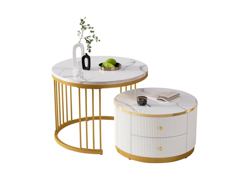  Tables basses gigognes rondes avec 2 tiroirs et finition effet marbre brillant, style moderne pour salon et séjour  - Conforama A