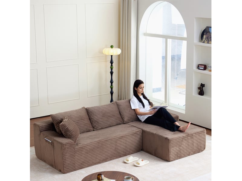  Canapé d’angle modulable droit  compressé 4 places en mousse et velours côtelé couleur marron, style moderne  - Conforama E
