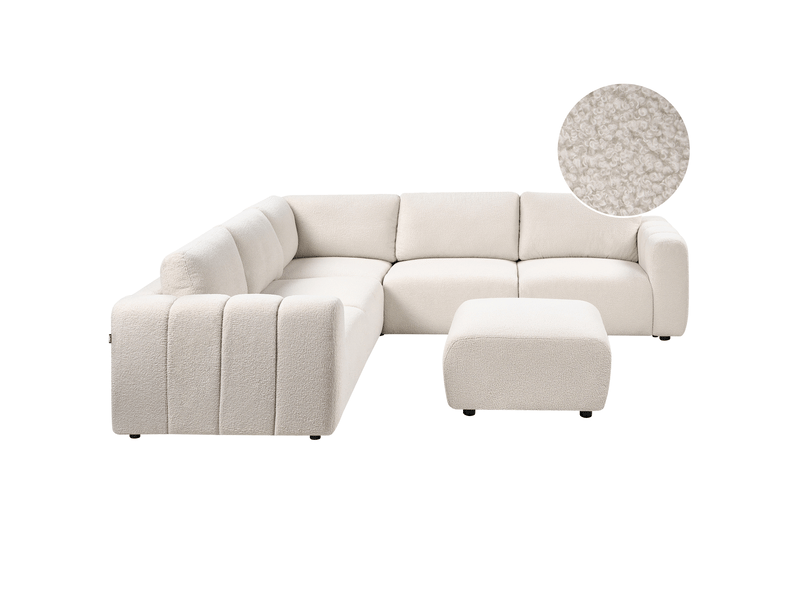 Canapé d'angle modulable 5 places kivvik bouclé blanc cassé avec ottoman côté droit - Conforama A
