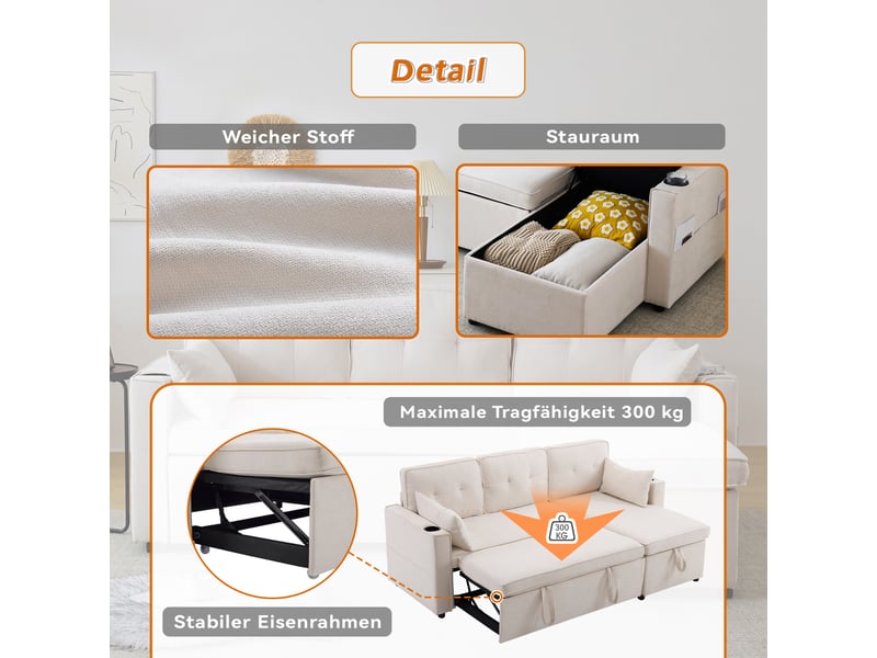  Canapé convertible 3 places beige en tissu aspect lin avec coffre et méridienne réversible  - Conforama R
