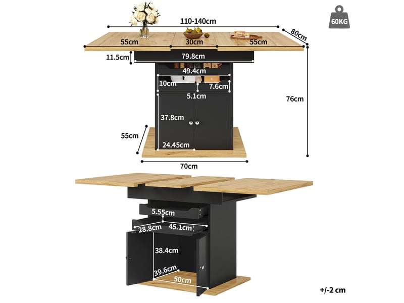 Table de salle à manger extensible de 110 à 140 cm, avec deux tiroirs et un rangement - Conforama C