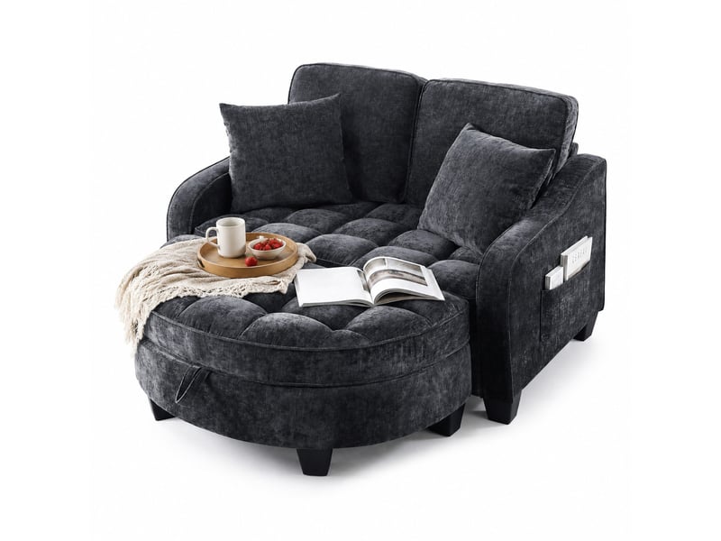  Canapé-lit 1 place convertible noir en chenille avec pouf de rangement  - Conforama A