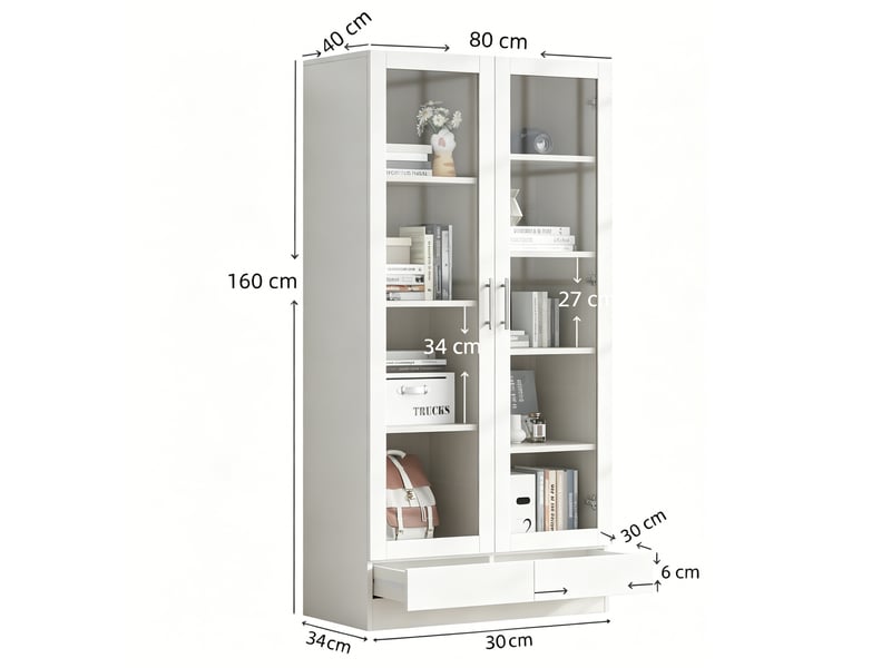  Armoire vitrée de rangement 80x40x160 cm, 2 tiroirs ouverture par pression, anti-basculement, mdf verre, blanc  - Conforama C
