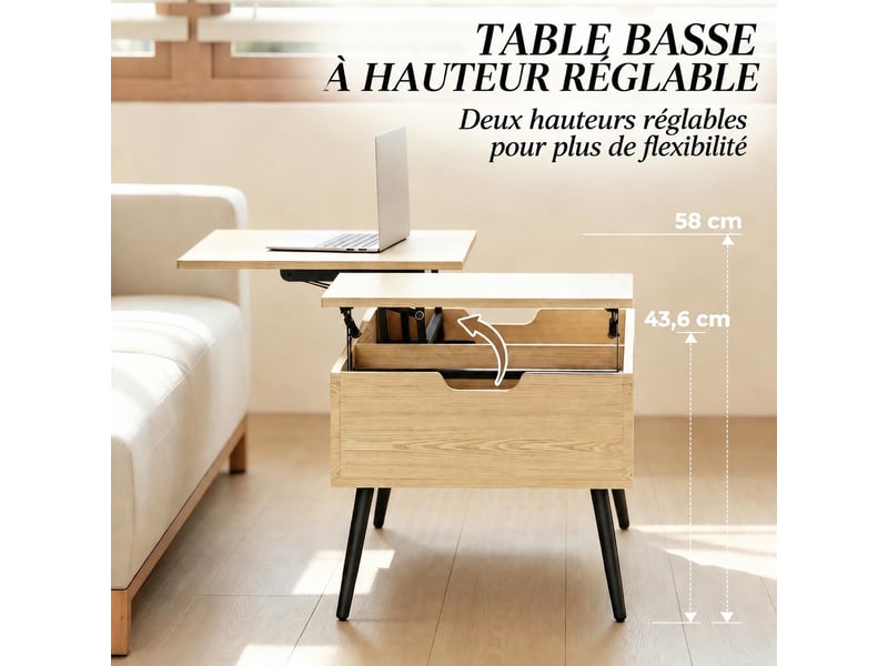 Table basse relevable multifonctionnelle avec rangement caché, table de salon bois et métal 100x50 cm - Conforama R