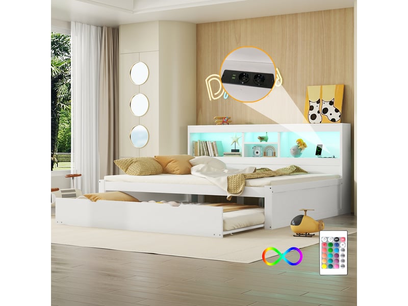  Canapé-lit 140x200 blanc avec lit gigogne extensible, éclairage led, prise usb et rangement  - Conforama D