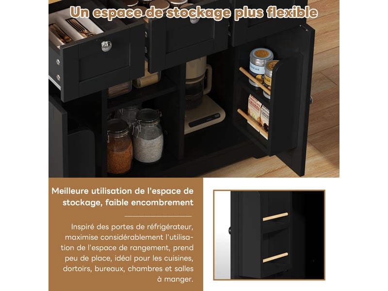  Îlot de cuisine 132x40x87 cm, desserte extensible avec tiroirs, porte-épices, porte-serviettes et prise, mdf, noir et naturel  - Conforama D