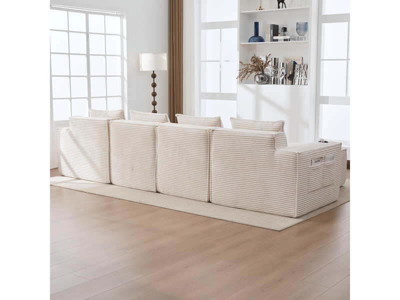  Canapé modulaire 4 places en velours côtelé beige avec 2 poufs, ressorts et mousse haute densité, rangement et porte-gobelets  - Conforama W