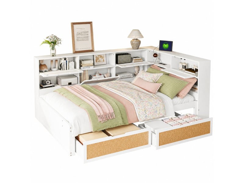 Lit de repos 140x200cm, recharge, espace de rangement, sommier, tête de lit, 2 tiroirs, en bois+mdf, blanc+naturel, sans matelas - Conforama A