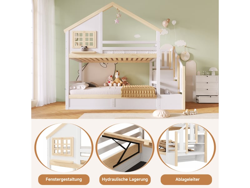  Lit superposé 90x200 cm, lit enfant, rangement hydraulique, barrière antichute, bois de pin blanc et naturel  - Conforama R