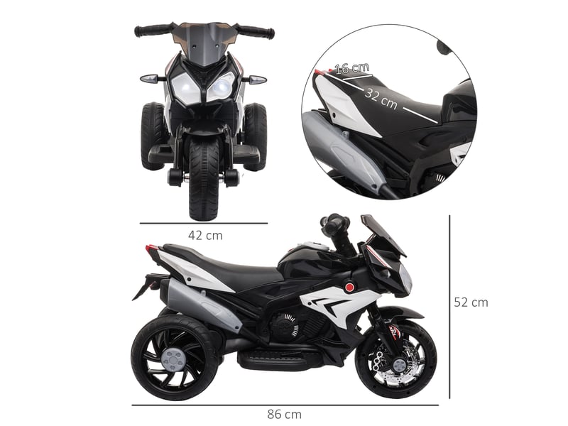  Moto électrique pour enfants de 3 à 5 ans (25 kg max.) avec lumières, musique, batterie 6 v et vitesse de 3 kmh, dimensions : 86 x 42 x 52 cm, noire  - Conforama E