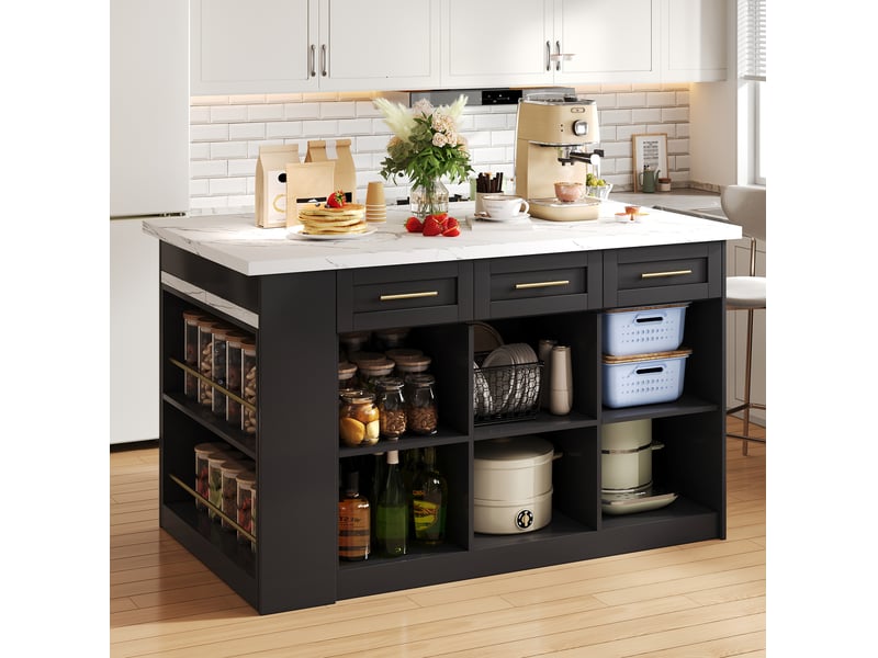 Îlot de cuisine multifonction 150x90x90 cm avec table coulissante, mdf, noir et blanc - Conforama D