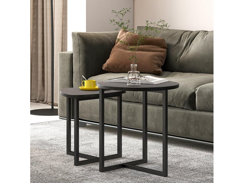  Table basse ronde gigogne 2 pièces 45x48 cm et 42x40 cm design industriel panneau de particules et métal noir  - Conforama B