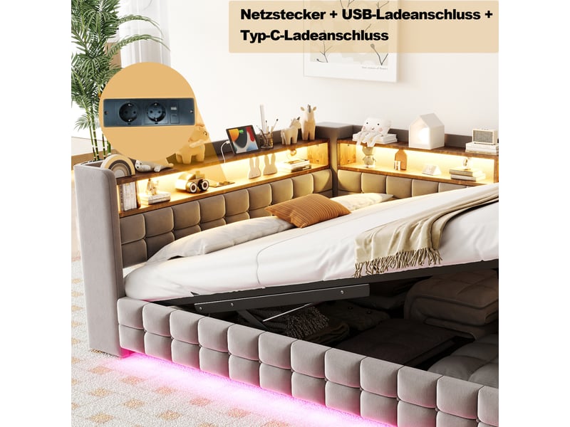  Lit coffre hydraulique 140x200 cm avec rangements, led et prises usb-c, velours gris clair, sans matelas  - Conforama E