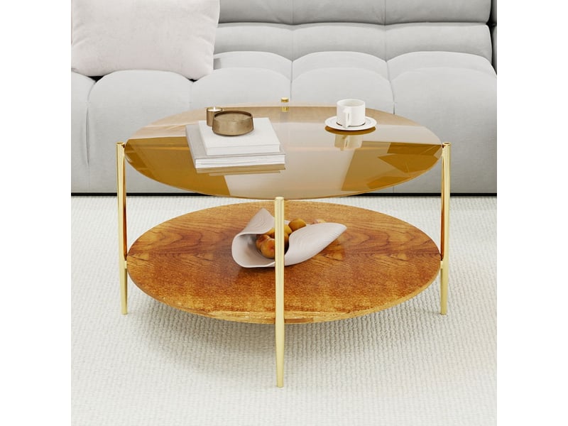  Table de salon surface en verre style moderne minimaliste plateau rond en verre doré niveau inférieur en bois design beau et pratique  - Conforama B