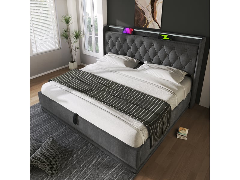  Lit coffre 160 × 200 cm avec led 360°, usb et type-c, rangement hydraulique, avec matelas, gris en tissu  - Conforama B