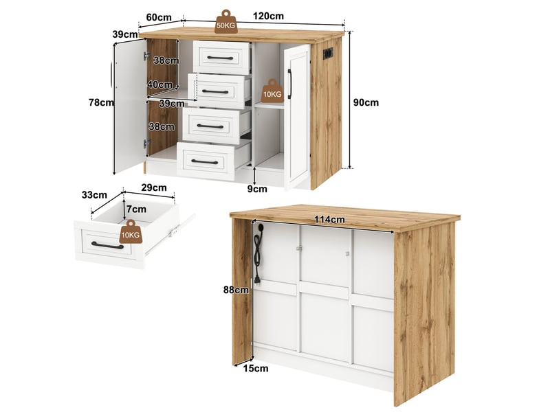  Desserte de cuisine avec 4 tiroirs, rangement fermé, étagères réglables et prises intégrées, 120 × 60 × 90 cm  - Conforama D