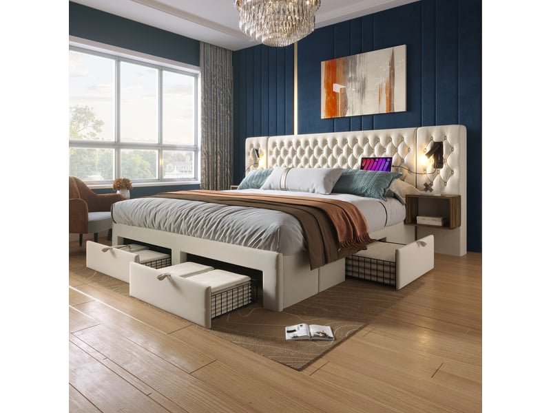  Lit 2 personnes 160x200 cm avec 2 tables de chevet et 4 tiroirs, tête de lit en velours avec lampe de lecture et recharge usb, beige  - Conforama A