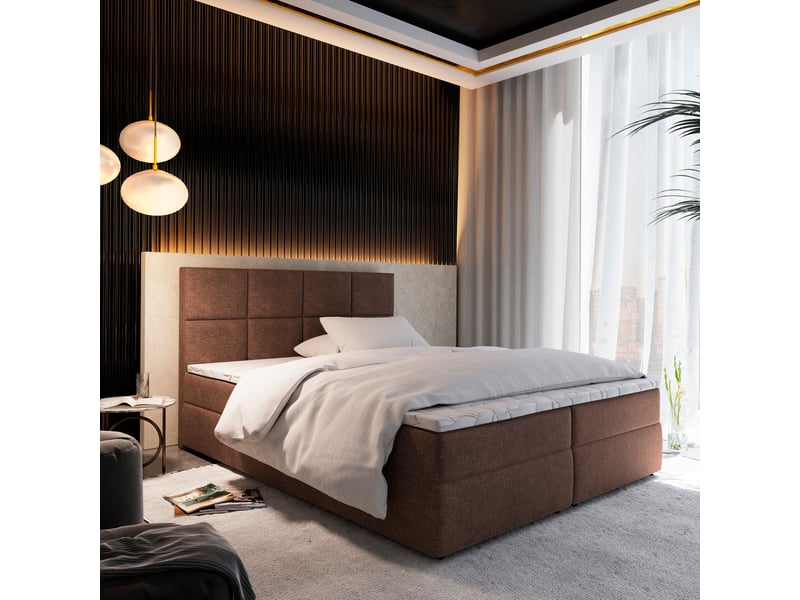 Boxspring lena 200x200 cm, lit complet avec matelas, marron - Conforama B