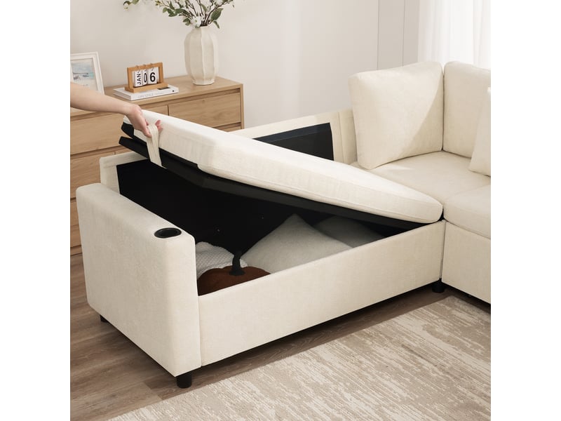 Canapé d'angle convertible 5 places, tissu chenille beige & canapé lit modulable, avec coffre de rangement et ports usb pour salon - Conforama E
