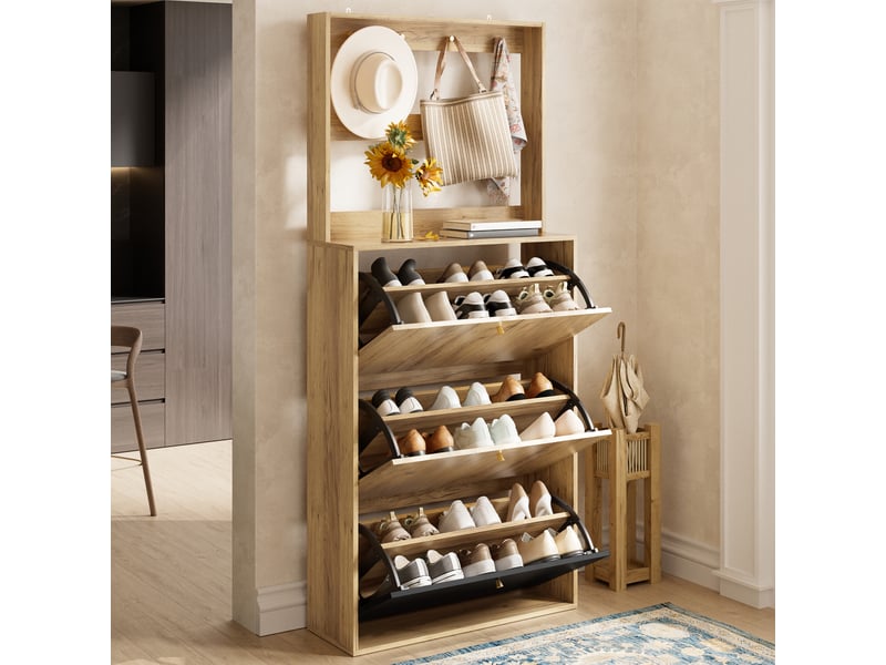  Meuble à chaussures bicolore noir et naturel 75 × 24 × 180 cm, panneau de particules, 3 abattants, crochets intégrés  - Conforama E