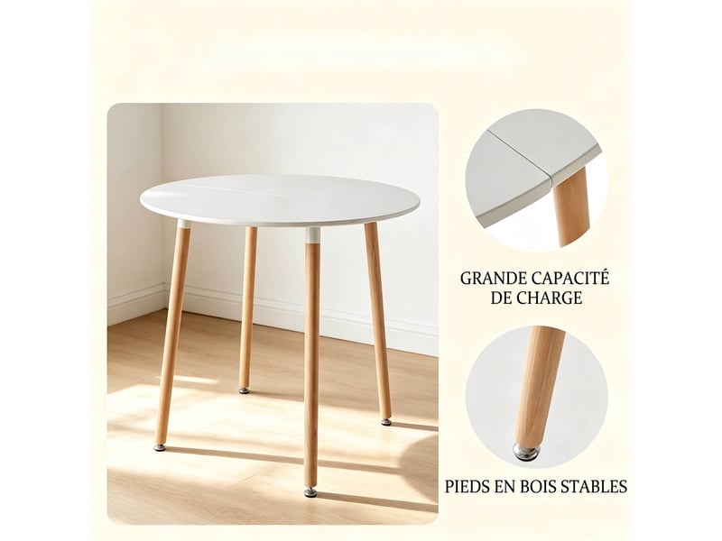  Ensemble table ronde 80 cm et 4 chaises de salle à manger, pieds en bois massif  - Conforama E