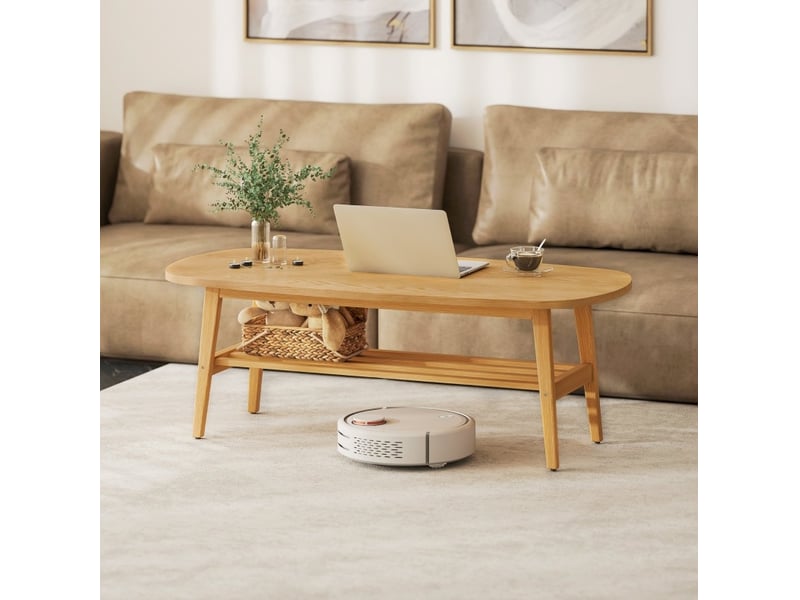  Table basse ovale avec étagère ouverte, bords biseautés, pour salon, en bois d’ingénierie naturel, 120 × 60 × 42 cm  - Conforama D
