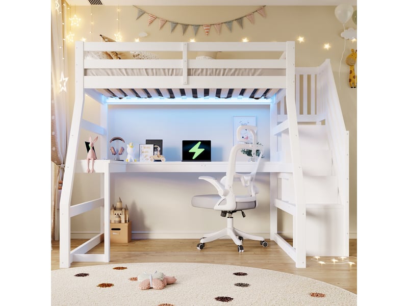 Lit mezzanine 90x200 cm blanc, avec bureau l, led, usb, escalier de rangement 3 compartiments, sommier inclus, sans matelas - Conforama R