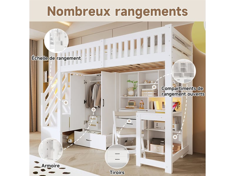 Lit mezzanine 90x200 cm - bureau et armoire - lit simple - escaliers rangement, garde-corps de sécurité - lit ado - blanc - Conforama E