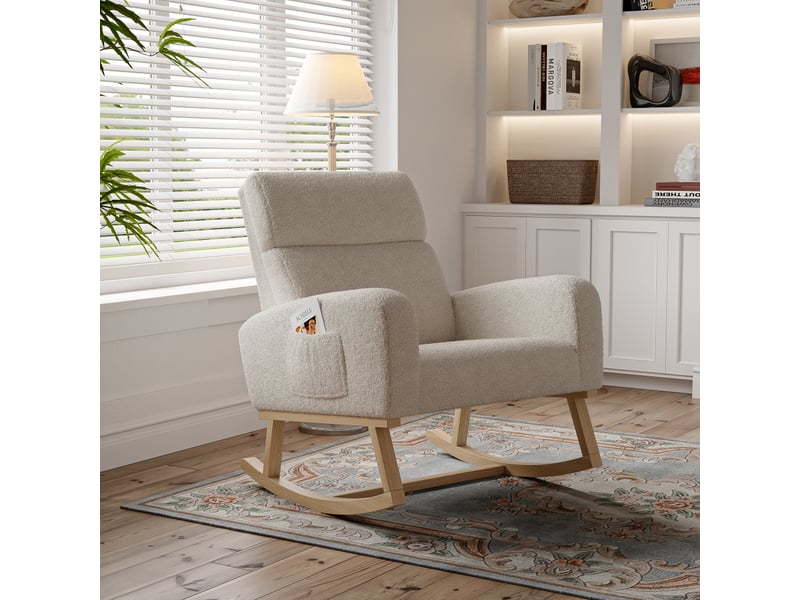 Fauteuil à bascule, fauteuil inclinable avec accoudoirs, fauteuil d'allaitement rembourré avec poches latérales, fauteuil, fauteuil relax pour salon, chambre, chambre d'enfant, balcon, laine d'agneau, beige - Conforama B