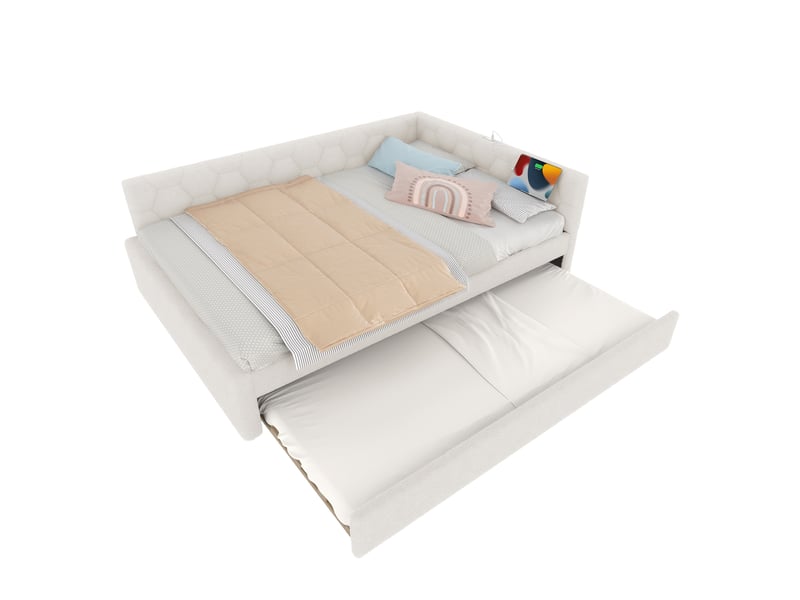  Lit de jour 140x200 canapé lit blanc avec sommier à lattes, lit gigogne multifonction, lampe et ports usb  - Conforama A