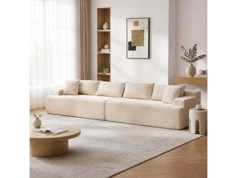 Canapé modulable 6 places en chenille ivoire avec chaise longue, 344 x 99 x 74,5 cm  - Conforama D
