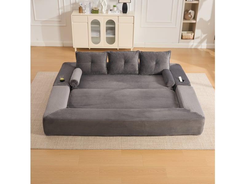  Canapé convertible 3 places gris foncé - lit d'appoint avec sacs latéraux, porte-verres et coussin memoire  - Conforama E