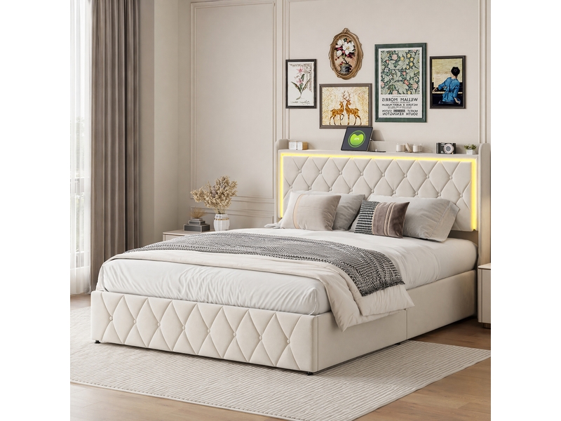  Lit coffre 160 x 200 cm,lit double avec led et chargement usb, lit adulte 160 x 200 cm, sommier à lattes, velours, beige  - Conforama B