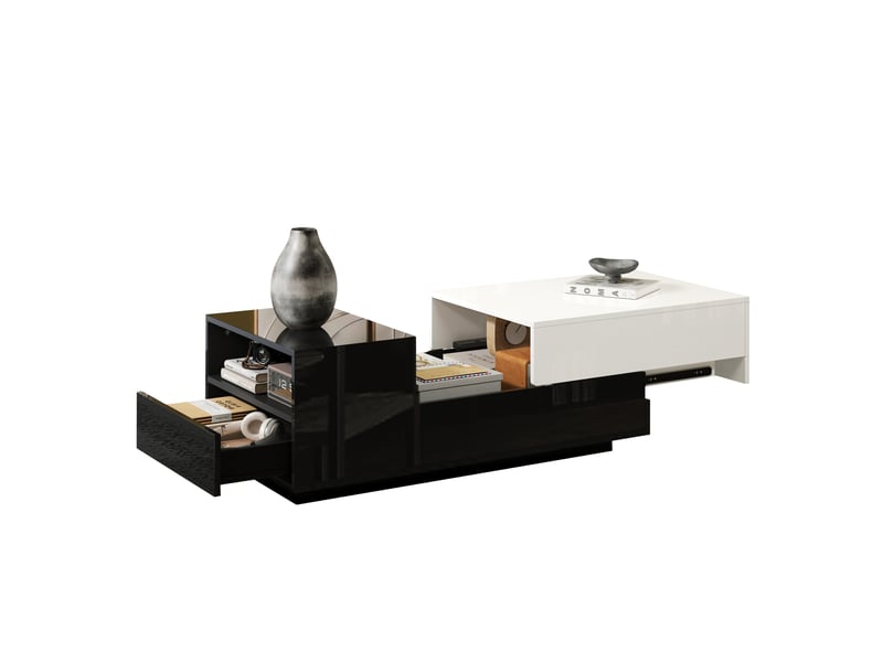  Table basse noir et blanc 100x50cm, table de salon avec tiroir et plateau coulissant, design géométrique finition brillante  - Conforama A