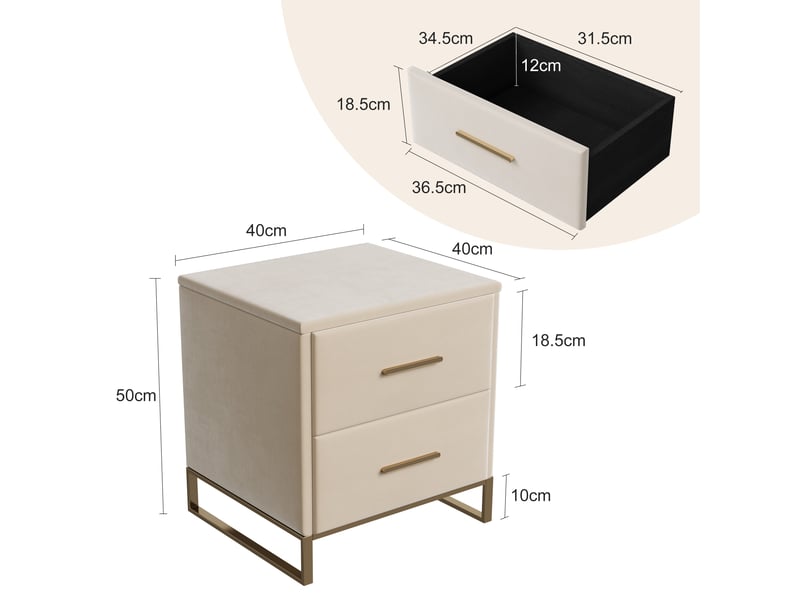  Lot de 2 tables de chevet 40x40x50cm avec 2 tiroirs, velours et pieds en métal doré, style moderne, beige  - Conforama E