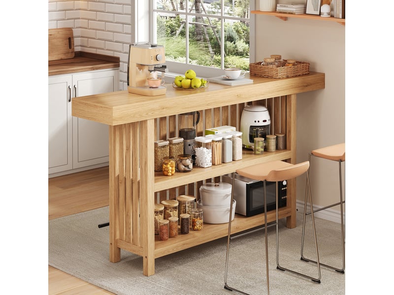 Table de salle à manger haute avec 2 étagères et repose-pieds, pour cuisine et bar, mdf naturel, 160 × 40 × 105 cm - Conforama C